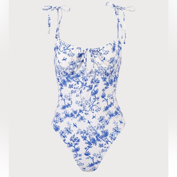 Berlook Blue Retro Floral Drawstring One-Piece Swimsuit - Picture 1 of 5